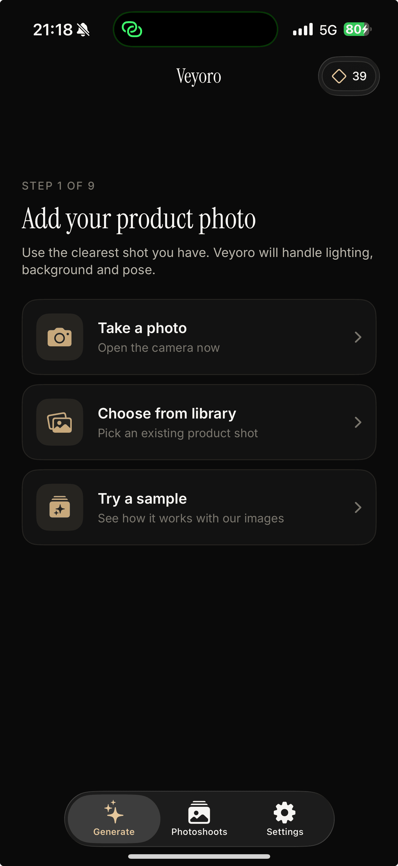 Veyoro mobile app — guided generation flow